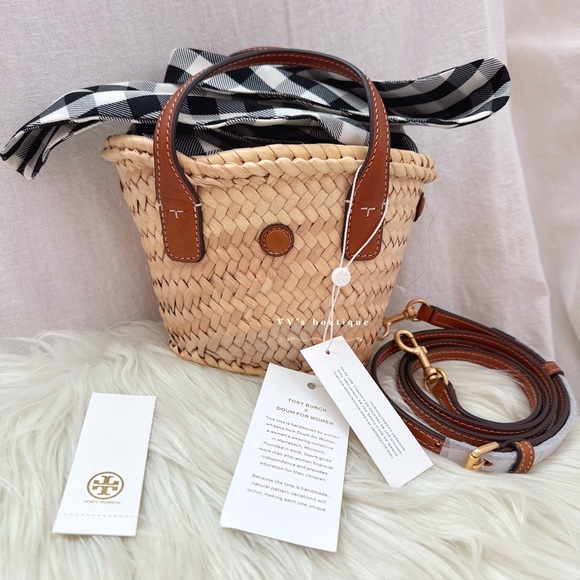 NWT Tory Burch Ella Straw Basket Micro Tote Bag Natural Classic Cuoio 82156 - Picture 5 of 12